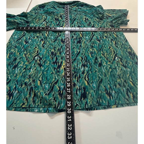 Catherines Top Womens 2X Green Blue Button Up Stretch Short Sleeve V-Neck Blouse - Picture 3 of 9